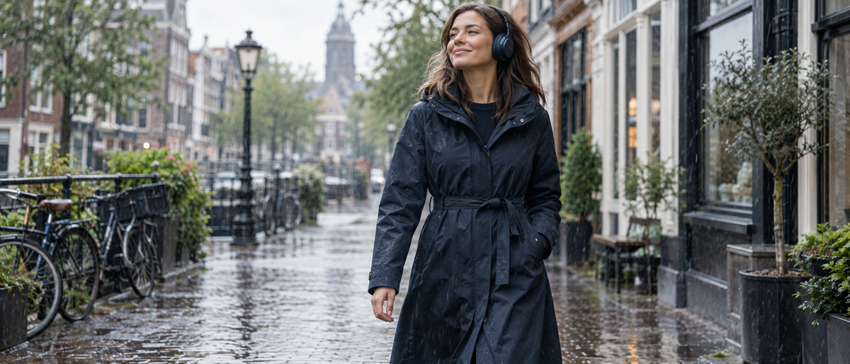 Vrouw in een donkerblauwe regenjas luistert naar muziek in de regen
