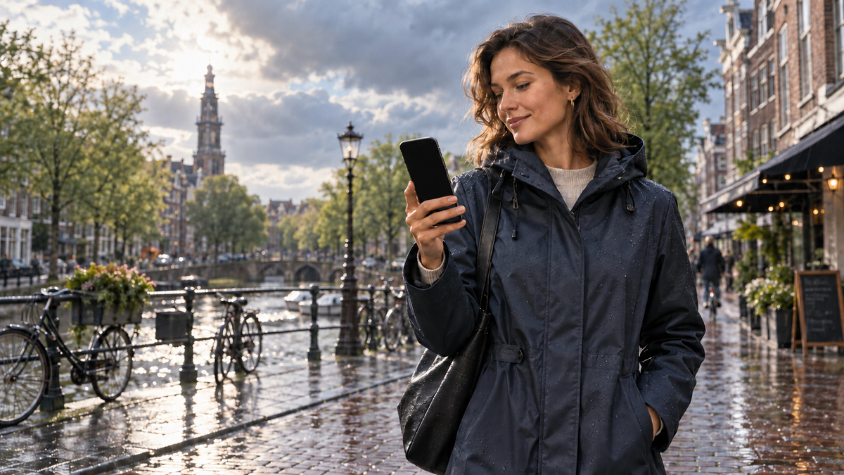 Vrouw met zwarte telefoon in een stijlvolle regenjas in een Nederlandse stad