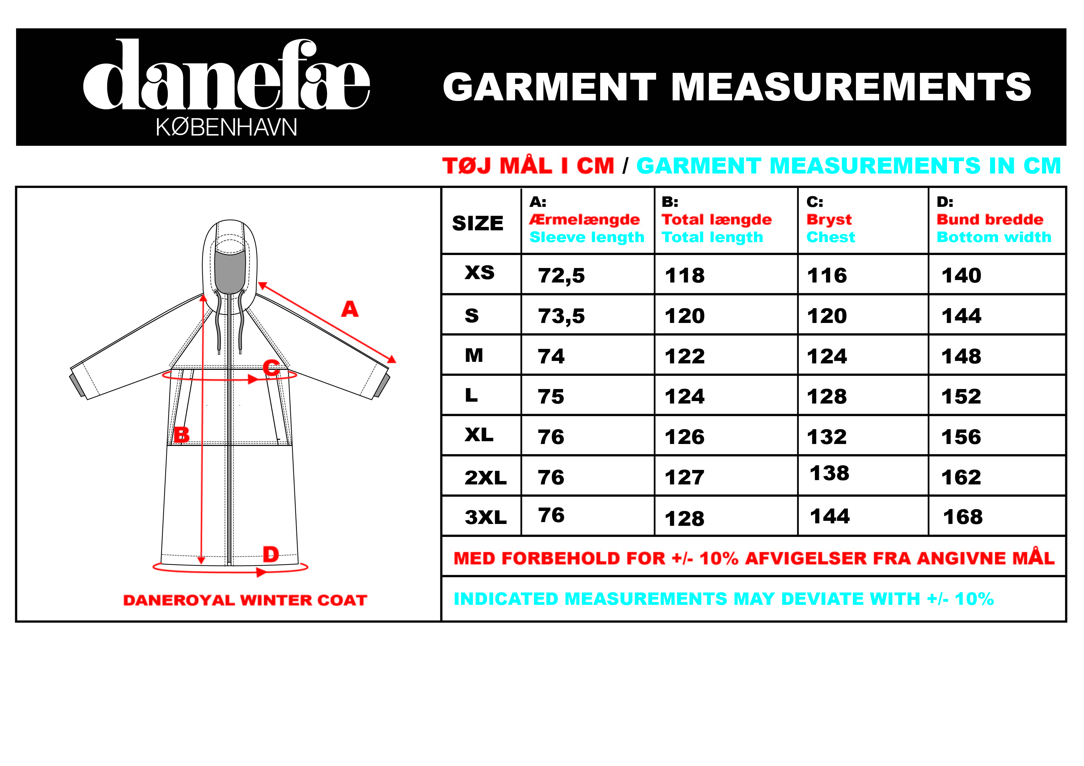 Danefae Daneroyal Winter Coat Maattabel