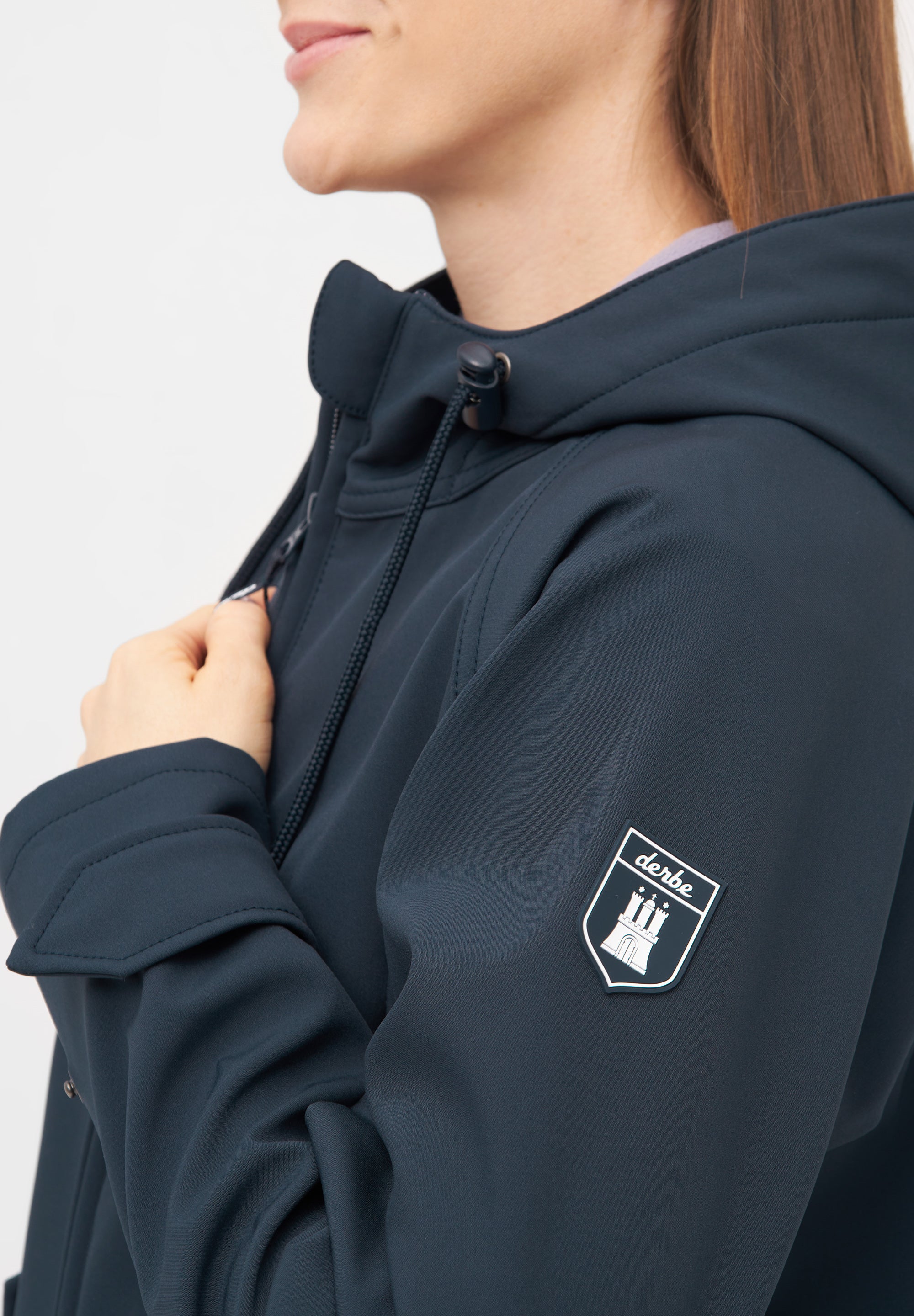 Derbe Regenjas Dames Softshell Friese Island Navy/ Lavendel Grijs detail