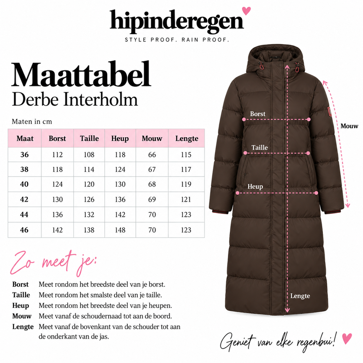 Maattabel Derbe Interholm waterdichte winterjas dames maat 36 tot en met 46