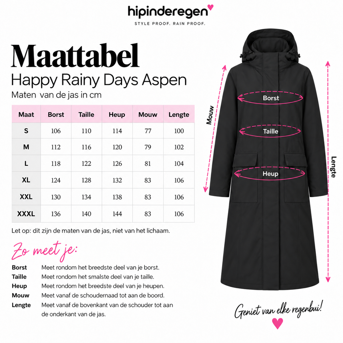 Maattabel Happy Rainy Days Aspen winterregenjas dames S tot en met XXXL