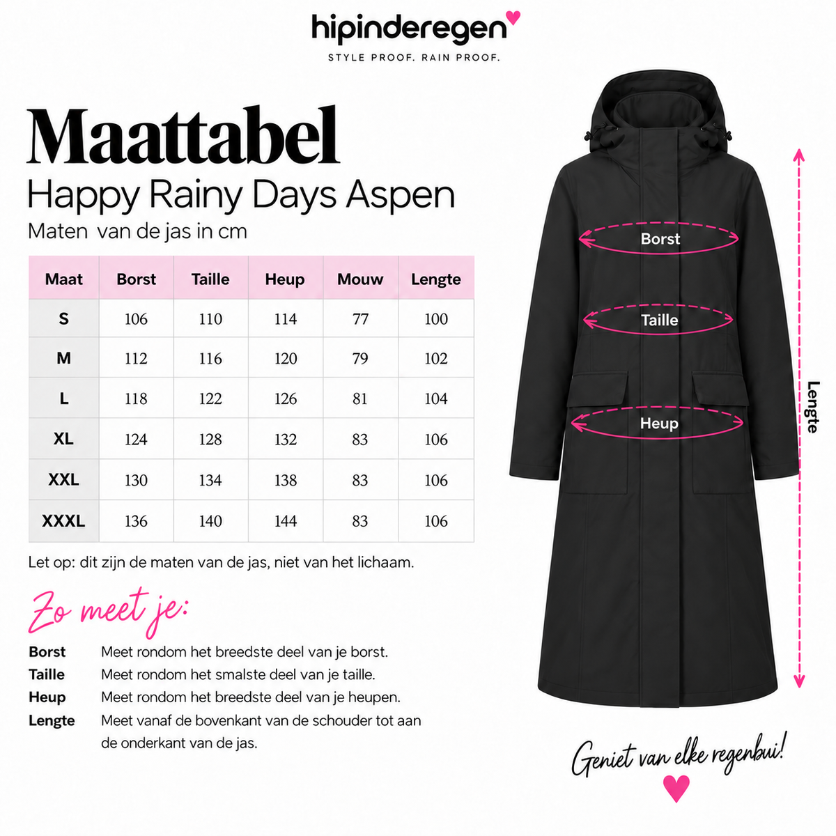 Maattabel Happy Rainy Days Aspen winterregenjas dames S tot en met XXXL