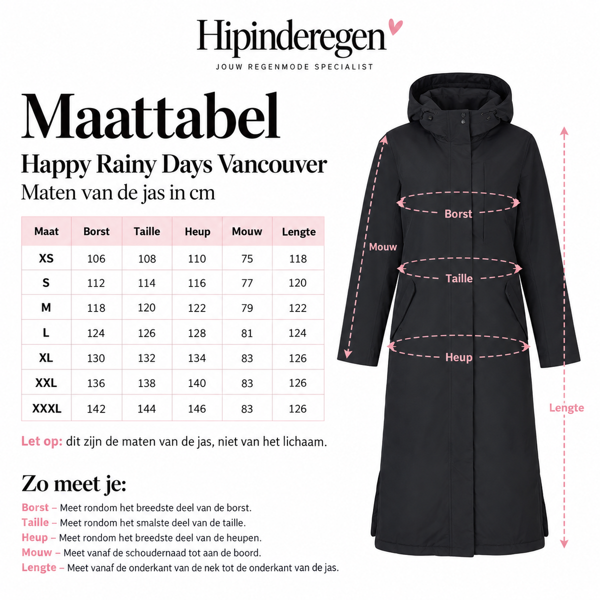 Maattabel Happy Rainy Days Vancouver winterregenjas met meetpunten en jasmaten