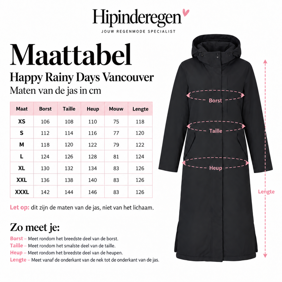 Maattabel Happy Rainy Days Vancouver winterregenjas met meetpunten en jasmaten