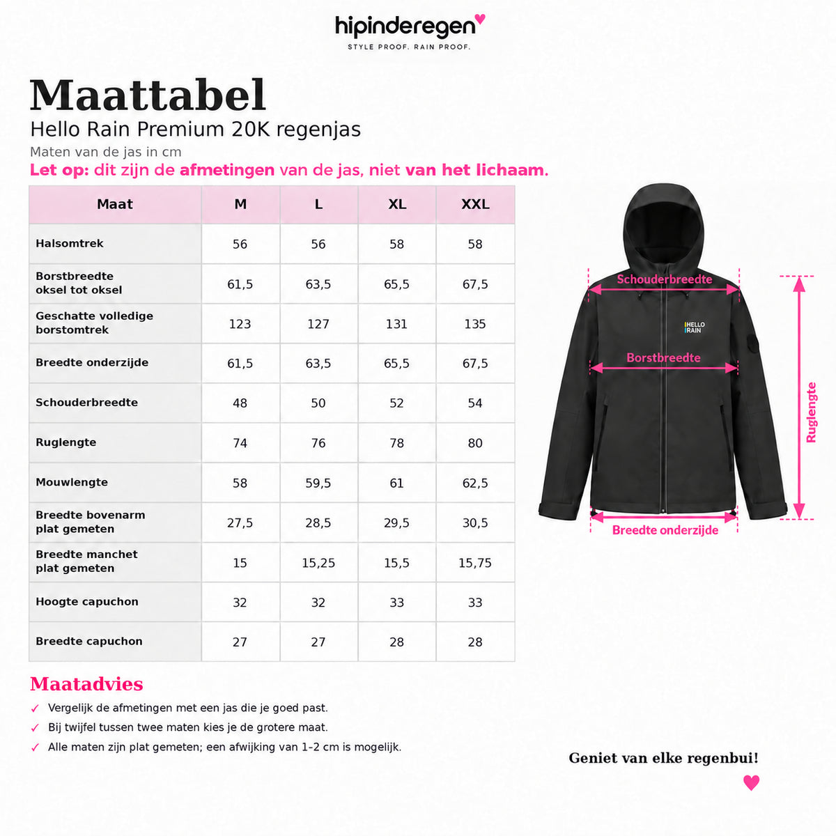 Maattabel Hello Rain Premium 20K regenjas met duidelijke meetpunten en uitleg over productmaten