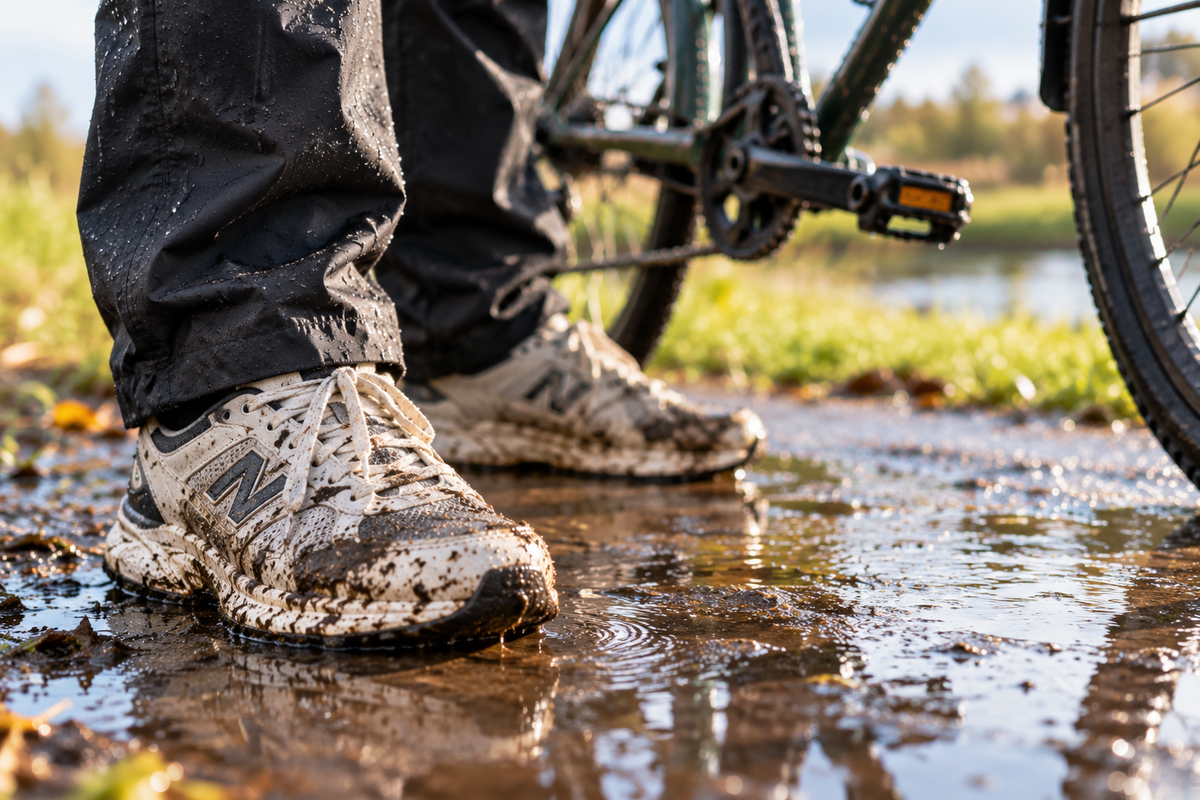 Natte sneakers naast een fiets na een regenbui