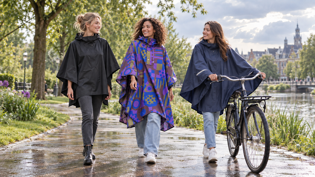 Drie vrouwen met verschillende regenponcho’s, waaronder de Danefæ Danedream Drops en een fietsponcho