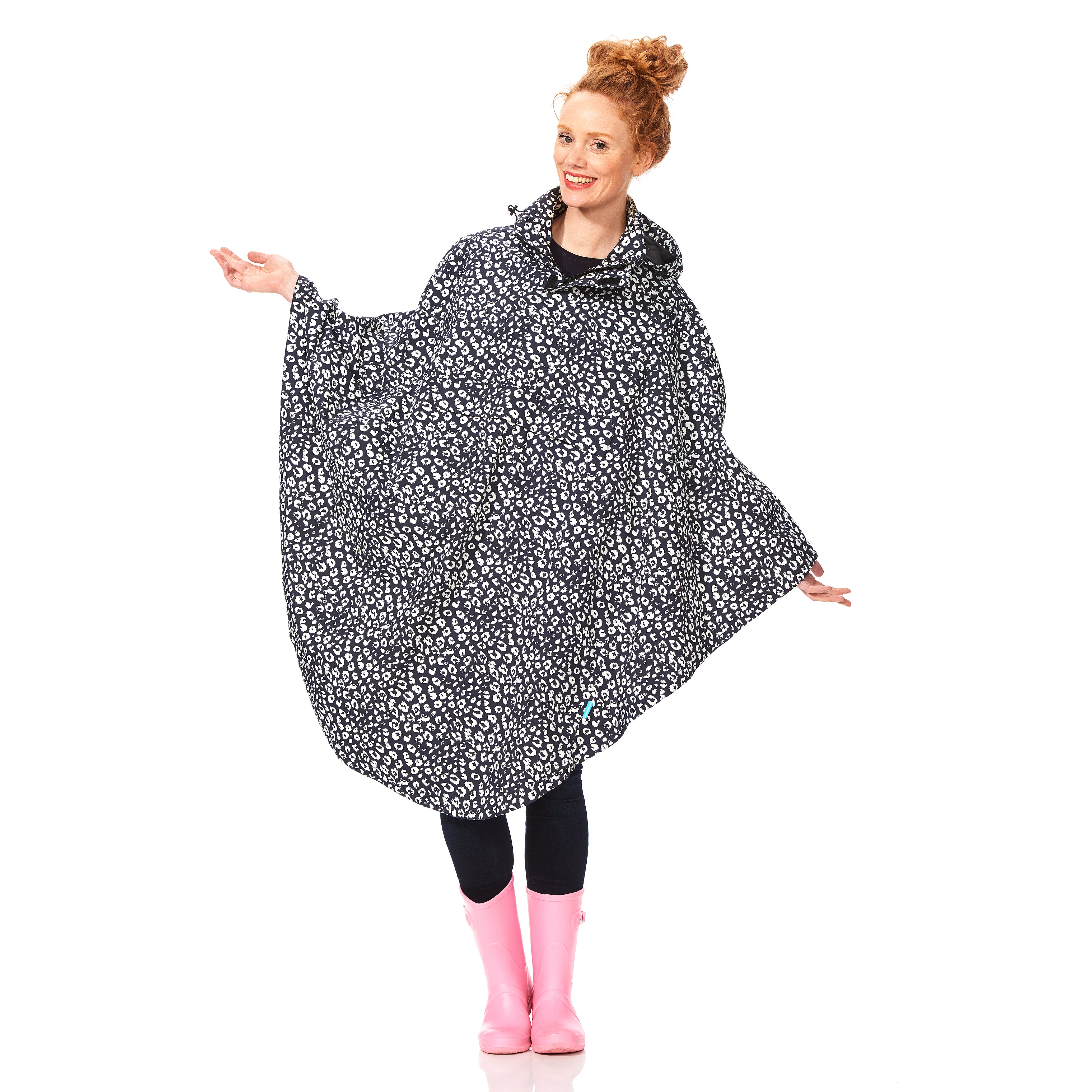 Happy Rainy Days Rain Poncho Bernice Black-Off White