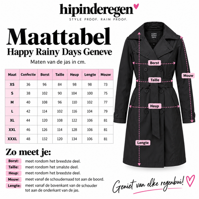 Maattabel Happy Rainy Days Geneve trenchcoat met meetpunten en jasmaten