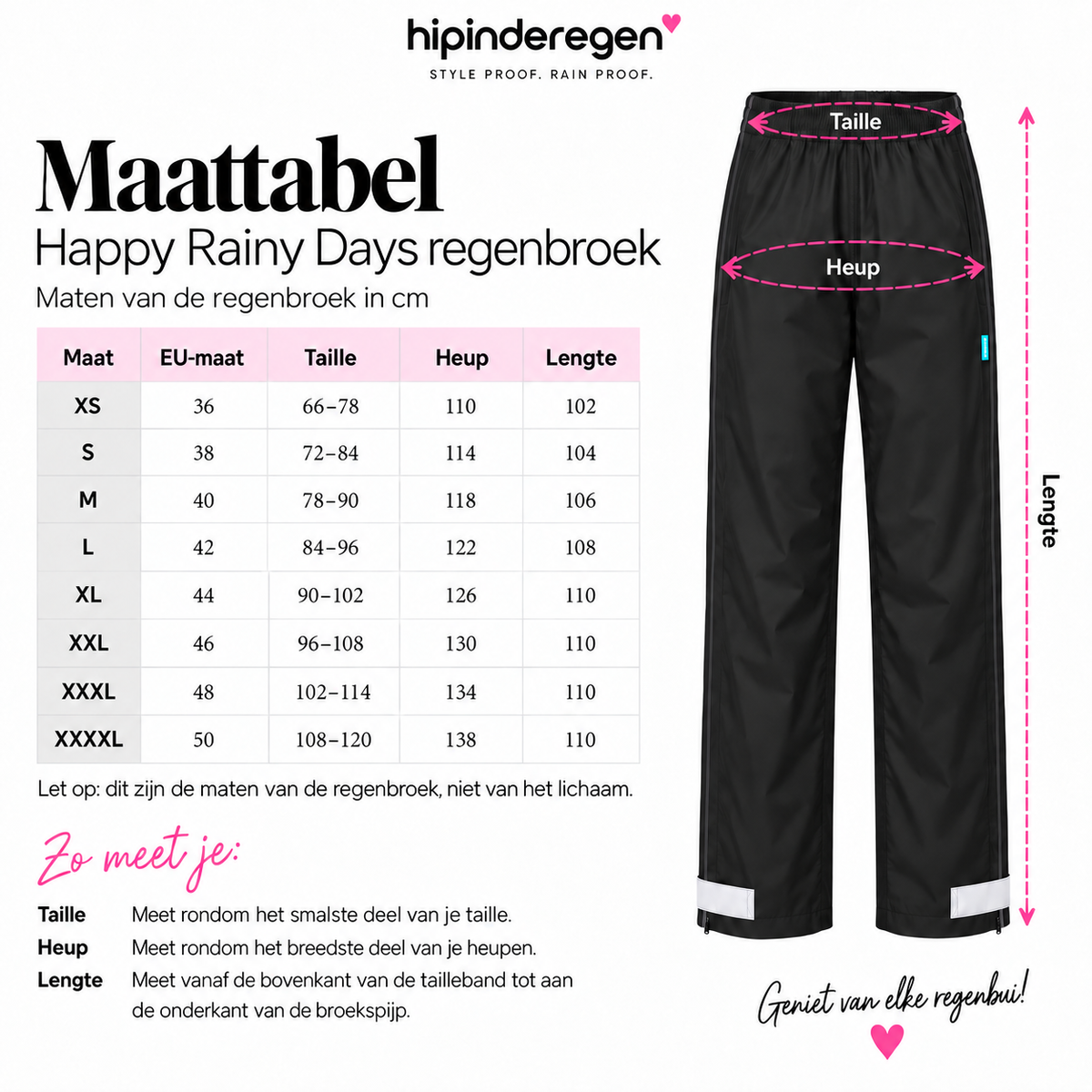 Maattabel Happy Rainy Days regenbroek dames XS tot en met XXXXL