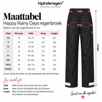 Maattabel Happy Rainy Days regenbroek dames XS tot en met XXXXL