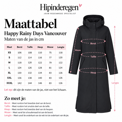 Maattabel Happy Rainy Days Vancouver winterregenjas met meetpunten en jasmaten