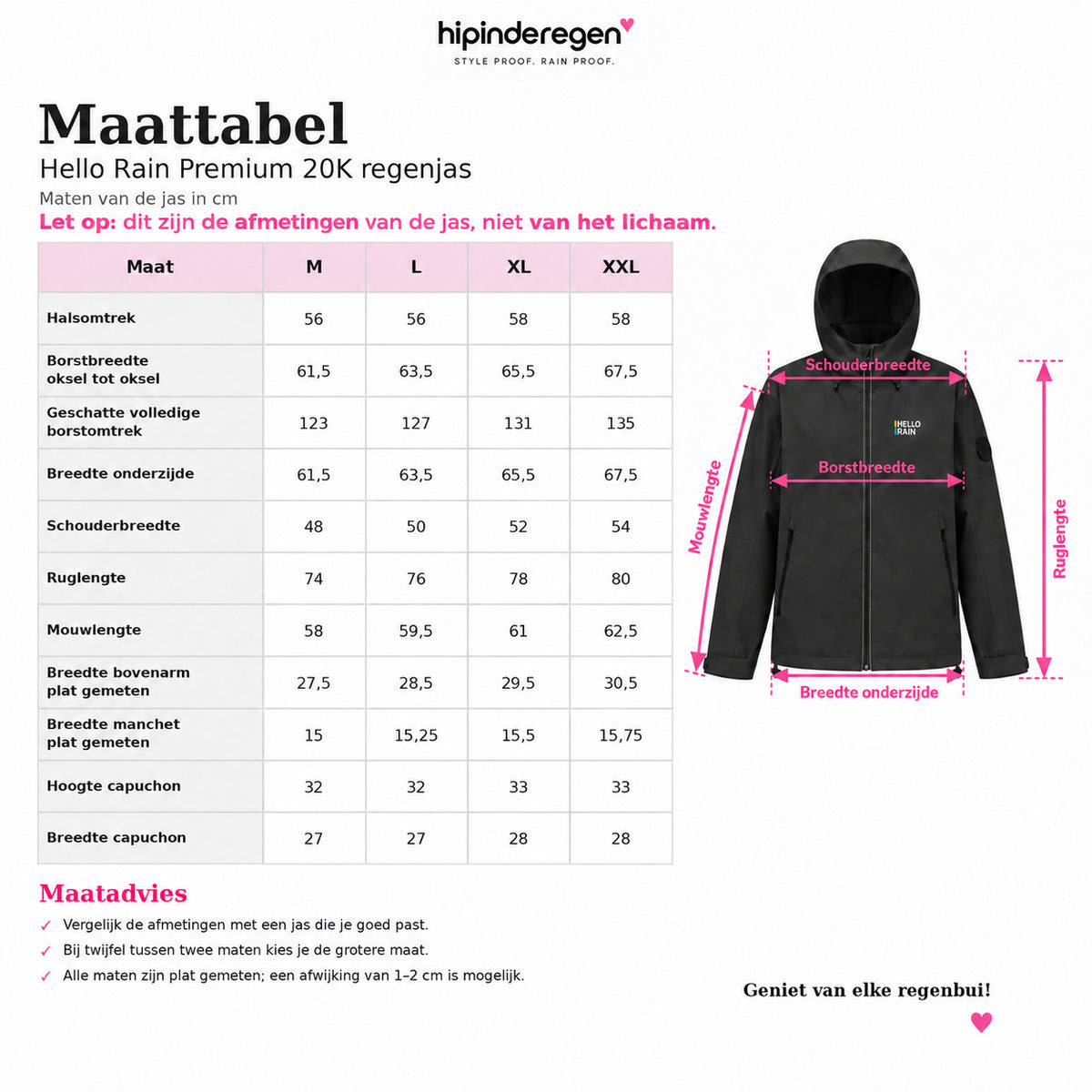 Maattabel Hello Rain Premium 20K regenjas met duidelijke meetpunten en uitleg over productmaten