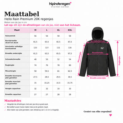 Maattabel Hello Rain Premium 20K regenjas met duidelijke meetpunten en uitleg over productmaten