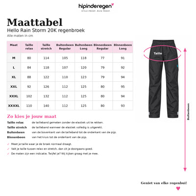 Maattabel Hello Rain Storm 20K regenbroek met maten M tot en met XXXXL in Regular en Long